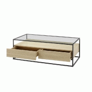 Table basse design Edmonton 120 cm - décor chêne, piètement acier époxy, plateau verre trempé, 2 tiroirs_1
