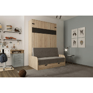 Lit escamotable industriel KEY SOFA - accoudoirs chêne - 140x200 cm - Canapé avec tiroirs - Gris_1