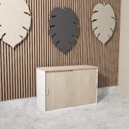 Armoire basse à portes coulissantes Mobel Linea. - 100, Blanc pastel, Acacia clair_1