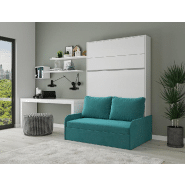 Armoire lit escamotable Bermudes Sofa blanc avec canapé bleu intégré - Couchage 140x200 cm_1