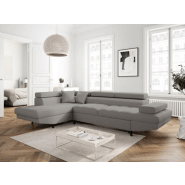 Canapé d'angle méridienne gauche RINO convertible gris clair avec coffre et pieds laqués noirs_1
