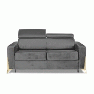 Canapé convertible express ODACIO - Sommier à lattes 140x197cm - Matelas 16cm - Têtières réglables - Pieds dorés - Velours gris_1