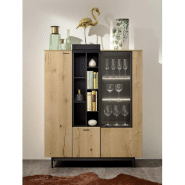 Buffet haut design en chêne naturel - 2 portes, 1 tiroir, intérieur anthracite laqué, vitre en verre_1