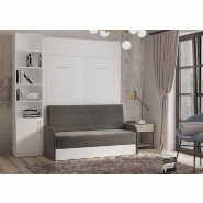 Composition lit escamotable Dynamo Sofa - Blanc mat - Canapé accoudoirs gris avec colonne bibliothèque 140x200 cm_1