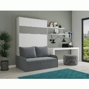 Armoire lit escamotable Bermudes Sofa blanc - bandeau gris - canapé gris 140x200 cm avec rangement intégré_1