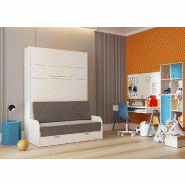 Armoire lit escamotable KOMPACT SOFA - canapé avec accoudoirs et tiroirs - blanc mat et tissu gris - couchage 160x200 cm_1