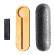 Porte-stylo en RPET - avec couvercle en bambou, sangle élastique, règle et support téléphone intégré_1