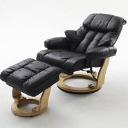 Fauteuil relax Clairac - cuir noir, pied en bois naturel avec repose-pied - inclinable 135° et pivotant 360°_1