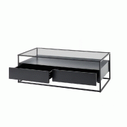Table basse design Edmonton 120 cm - noir mat, plateau en verre trempé, piètement métal noir, 2 tiroirs_1