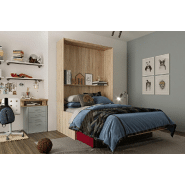 Lit escamotable industriel KEY SOFA - accoudoirs chêne, canapé avec tiroirs, tissu rouge, couchage 140x200 cm_1