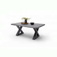 Table basse Claren - plateau 110 cm en acacia massif laqué gris - piétement en X laqué anthracite_1