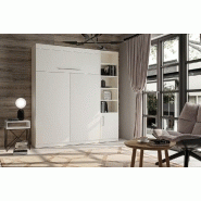 Lit escamotable Lutecia - Blanc mat - Couchage 140 x 190 cm - Colonne bibliothèque intégrée_1
