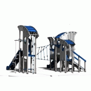 Structure de jeux 3 tours gamme pilotis - pi31501i - 2 toboggans, filet et pont de corde_1