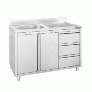 Plonge inox 1 bac à gauche et égouttoir sur placard avec 3 tiroirs - 1200 x 600 mm_1