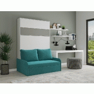 Armoire lit escamotable Bermudes Sofa - Blanc bandeau gris - Canapé bleu - 140x200 cm avec sommier et coffre intégré_1