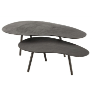 Table basse de salon MISTE - aluminium noir - gigogne avec piétement en bois massif - plateau laqué_1