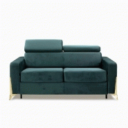 Canapé convertible Express Odacio 3 places - Sommier à lattes 140x197 cm - Têtières réglables - Matelas 16 cm - Pieds dorés - Velours bleu/vert menthe_1