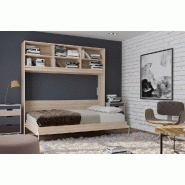 Lit escamotable STRADA-V2 - Mélaminé chêne naturel - Couchage 140 x 200 cm avec surmeuble 6 niches de rangement_1