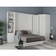Composition d'angle - Lit escamotable BERMUDES SOFA 160x200 cm - Blanc mat avec canapé en microfibre gris_1