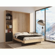 Composition lit escamotable style industriel KEY - bi-ton chêne noir mat 140x200 cm avec rangement et bibliothèque_1