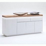 Buffet Romina - 4 portes, 2 tiroirs, laqué blanc mat, plateau chêne noueux huilé avec LED intégrées_1