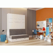 Armoire lit escamotable KOMPACT SOFA - canapé avec tiroirs, blanc mat, tissu gris, couchage 140x200 cm_1