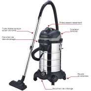 Aspirateur eau et poussière 30L - 230V 1200W - Cuve métallique, prise électroportatif, décolmatage, souffleur - Réf. 50005_1