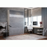 Lit escamotable LOFT blanc - façade gris béton - couchage 140x200 cm avec système vérins à pistons_1