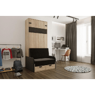 Lit escamotable style industriel KEY SOFA - canapé avec accoudoirs tissu et tiroirs de rangement - couchage 90x200 cm anthracite_1