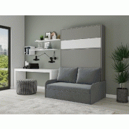 Armoire lit escamotable Bermudes Sofa gris - bandeau blanc - canapé intégré 140x200 cm_1