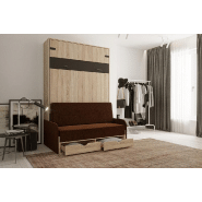 Lit escamotable style industriel KEY SOFA - chêne 140x200 cm - Canapé avec tiroirs et accoudoirs marron_1