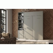 Lit escamotable DYNAMO gris mat - Couchage 140x200 cm avec colonne bibliothèque et rangements intégrés_1