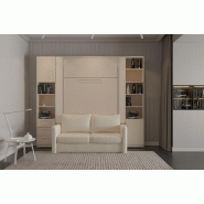 Composition armoire lit escamotable Fidji Sofa - couchage 140x200 avec colonnes de rangements intégrées et canapé blanc cassé_1