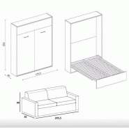 Armoire lit escamotable Traccia - Structure blanche avec canapé intégré en tissu rouge, accoudoirs larges, couchage 160x200 cm_1