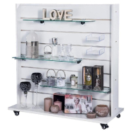 Gondole double face blanche - L.120xP.60xH.130cm - base stable avec roulettes et 7 rainures par face_1