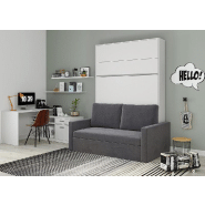 Armoire lit escamotable DJUKE SOFA blanc mat - canapé gris intégré 140x200 cm_1
