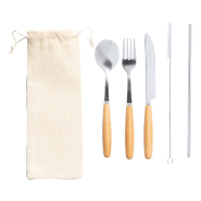 Set de couverts - Ménagère 5 pièces en acier inoxydable avec manches en bois - Pochette en coton_1