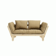 Banquette méridienne futon Beat en pin naturel - Tissu beige blé - Couchage 75x200 cm - Convertible et modulable_1