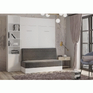 Composition lit escamotable blanc mat Dynamo Sofa - Canapé gris - Couchage 140 x 200 cm avec colonne bibliothèque_1