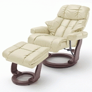 Fauteuil relax CLAIRAC XL - assise en cuir crème, pied en bois couleur noyer avec repose-pied - inclinable à 135° et pivotant à 360°_1