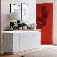 Buffet Romina 5 portes 2 tiroirs - laqué blanc mat avec plateau en chêne noueux huilé - LED intégré_1