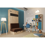 Lit escamotable style industriel KEY SOFA - 90x200 cm - Chêne naturel avec canapé et tiroirs de rangement marron_1