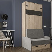 Lit escamotable style industriel KEY SOFA - Canapé avec accoudoirs tissu et tiroirs de rangement - Couchage 90x200 cm_1