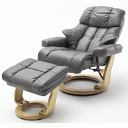 Fauteuil relax CLAIRAC - assise en cuir nougat, pied en bois naturel avec repose-pied, inclinable à 135° et rotatif 360°_1