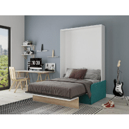 Armoire lit escamotable Bermudes Sofa - Blanc bandeau chêne - Canapé bleu azur - Couchage 160x200 cm_1