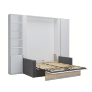Composition lit escamotable 160 cm blanc mat avec bandeau chêne DJUKE SOFA - Canapé gris et 2 colonnes_1
