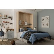 Lit escamotable industriel KEY SOFA avec canapé en tissu gris et teinte chêne - 140x200 cm_1