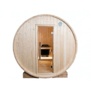 Sauna extérieur Harvia type tonneau avec poêle à bois - 180 cm (L) x 220 cm (diamètre) - 4 personnes - Épicéa 40 mm et acier inoxydable_1