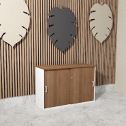 Armoire basse à portes coulissantes Mobel Linea. - 120, Blanc pastel, Acacia foncé_1