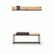 Banc design en chêne miel - Coussin en cuir noir - Piétement en métal noir - Dimensions L125 x H50 x P42 cm_1